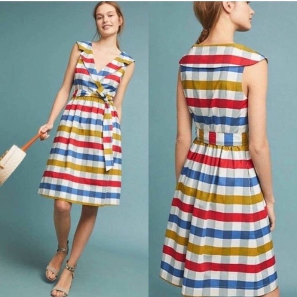 Anthropology Maeve Multicolor Striped Midi Dress - Red, Blue, Gold, White